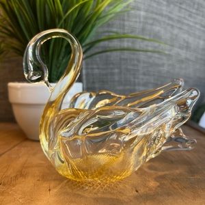 Vintage Chalet Art Glass Gold and Clear Glass Swan Vanity Trinket / Candy Dish